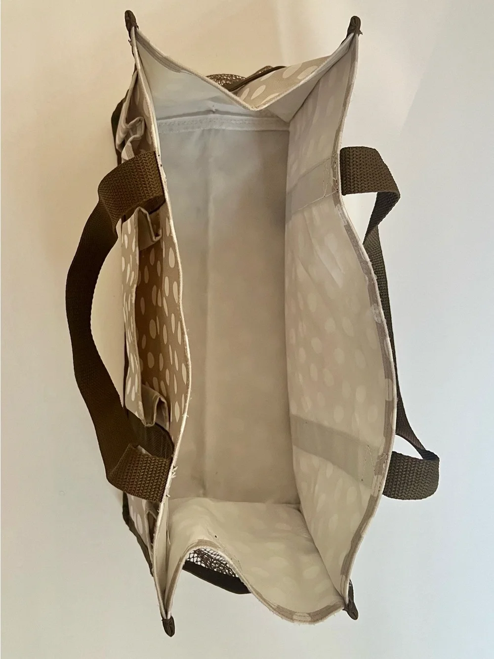 thirty-one Beige/ White Lotsa Dots Polka Dot Utility Tote with Brown Straps NWOT